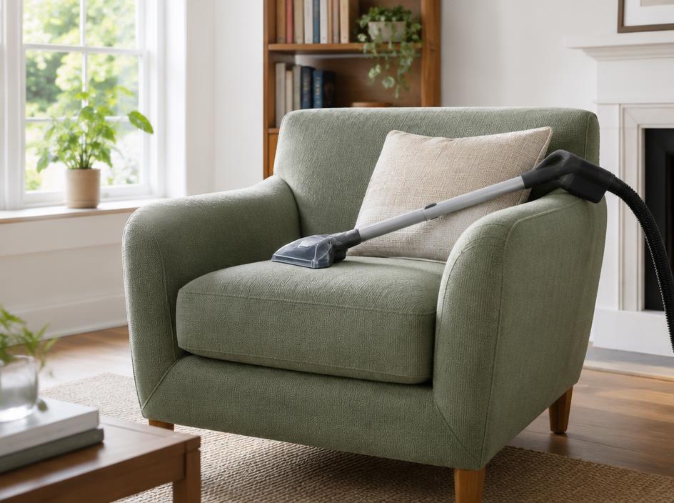 Fauteuil en tissu vert sauge dans un salon lumineux